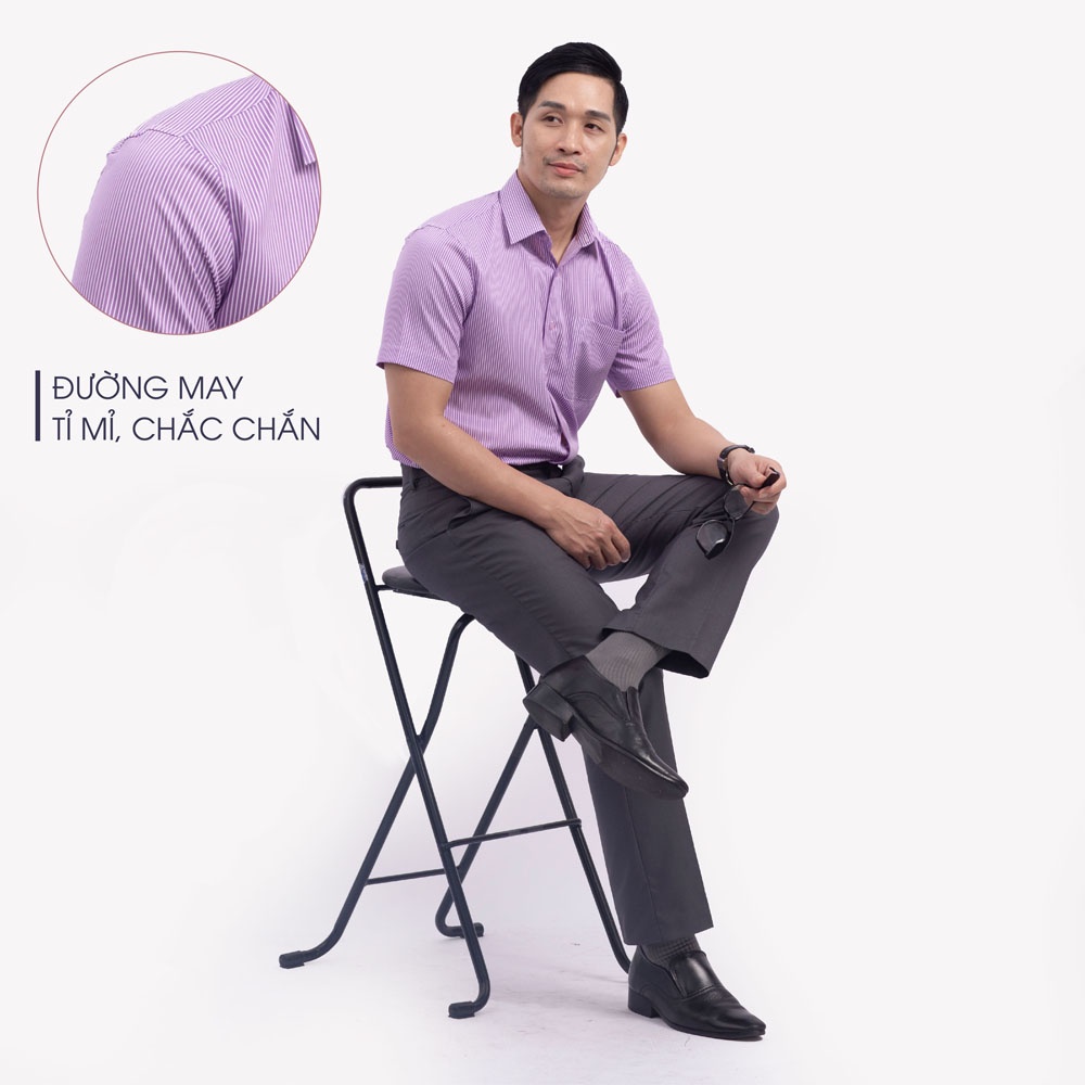 Áo Sơ Mi Nam Ngắn Tay Trung Niên ANCHI Hoạ Tiết Kẻ Tím Vải Sợi Tre Cao Cấp