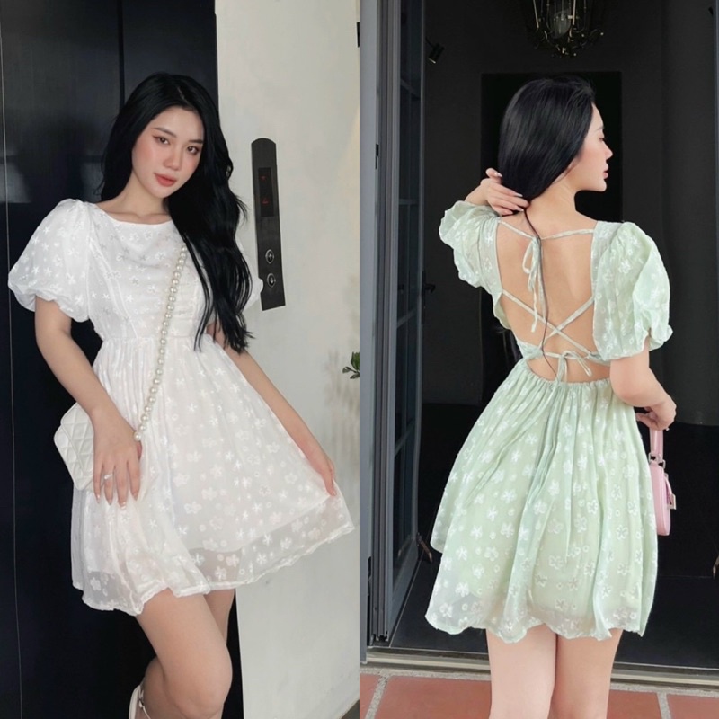 Đầm ren hoa nổi hở lưng đan thắt dây tay bồng/phồng trắng xanh mint, váy ngắn xoè dễ thương thời trang đi chơi dạo phố
