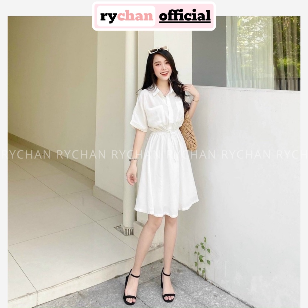 Đầm Nữ Đi Chơi Cổ Sơ Mi Tay Ngắn Nút Trước Thun Eo Có Túi Màu Đen Trắng - DX9798