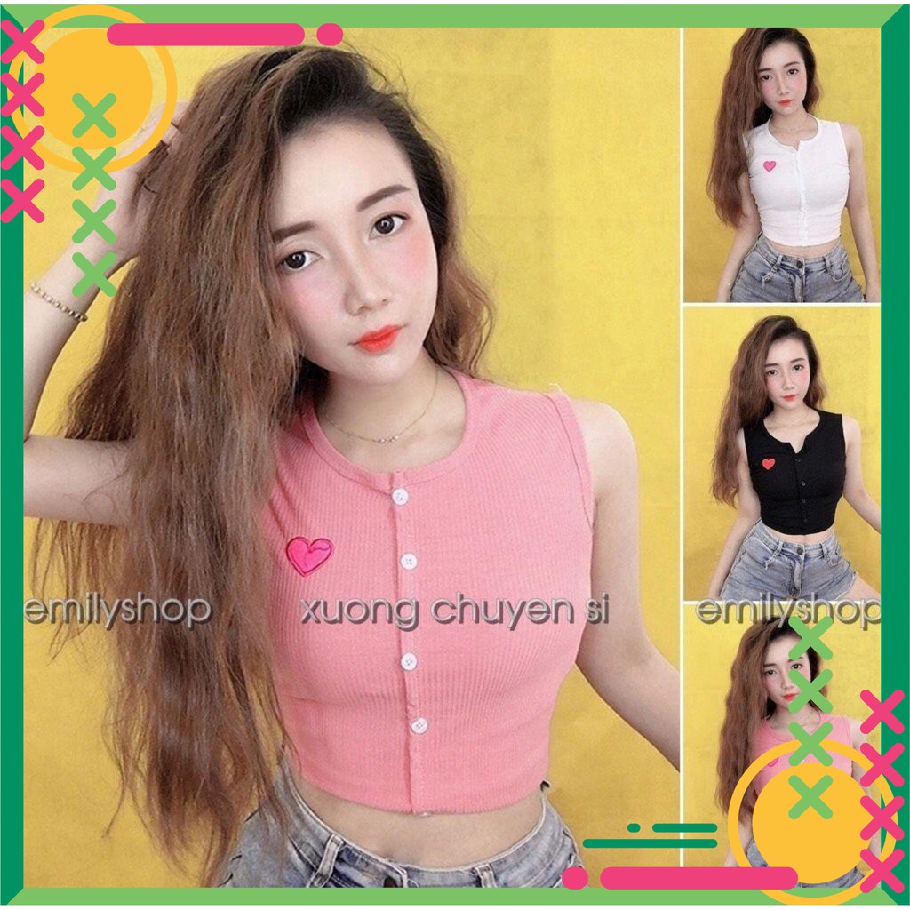 Dọn kho 1121A26B1 Áo thun croptop sát nách đính nút in trái tim siêu đáng iu Hàn Quốc Dọn kho