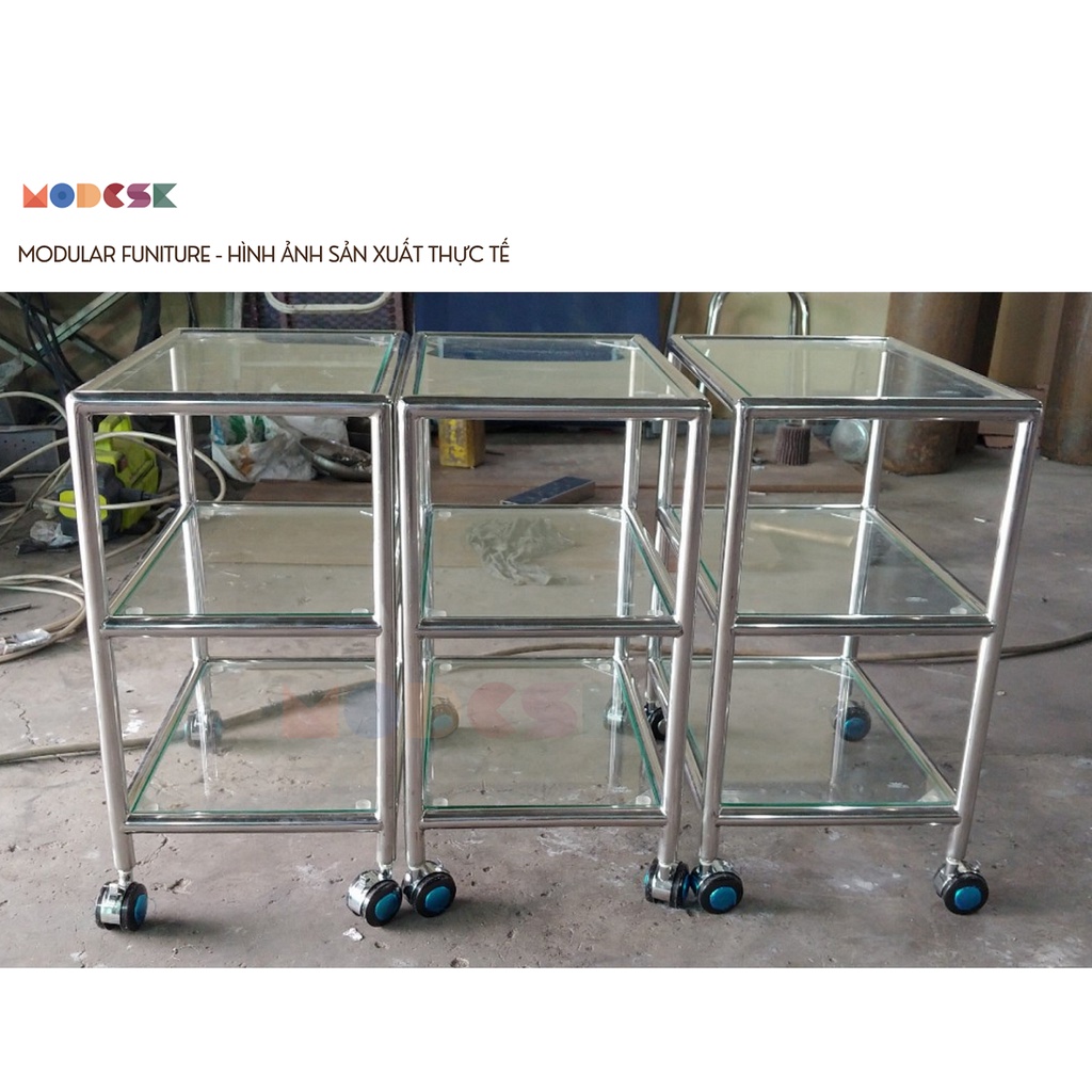 Bàn Trà Bàn Sofa di động MODESK SS Sofa Trolley Glass Light Khung Inox 304 Kính Cường Lực Nội Thất Phòng Khách Spa