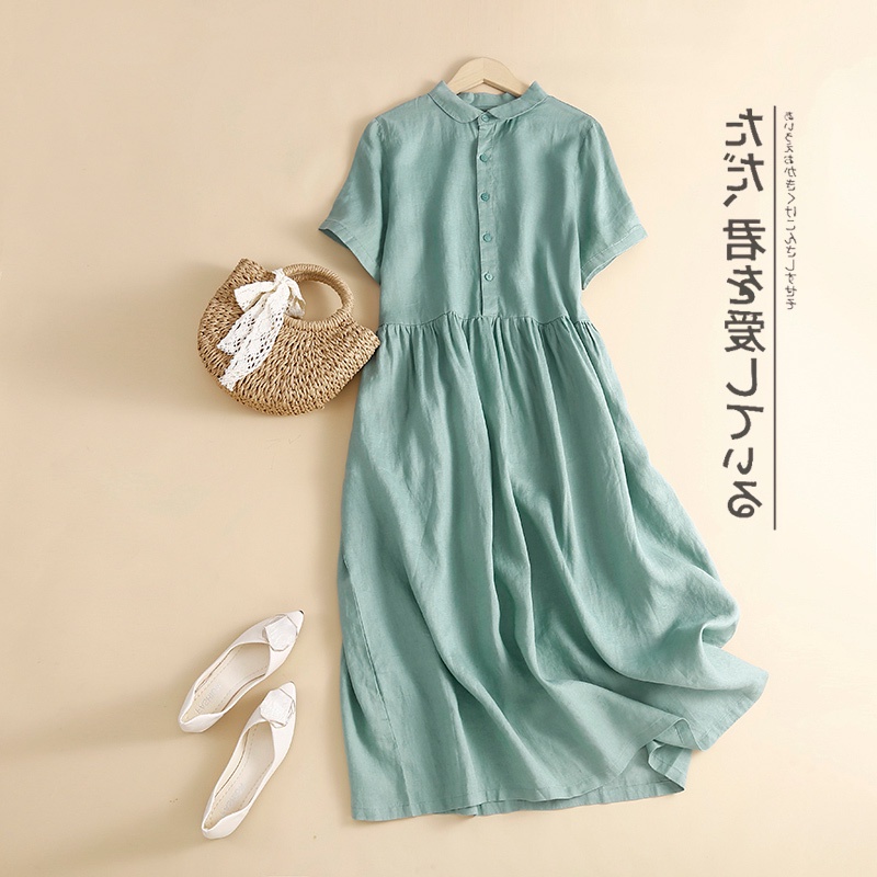 Đầm Sơ Mi Vải Lanh Cotton Cổ Búp Bê Dáng Rộng Thương Hiệu Cắt Nhãn Hàng Đầu Kiểu Pháp Cho Nữ