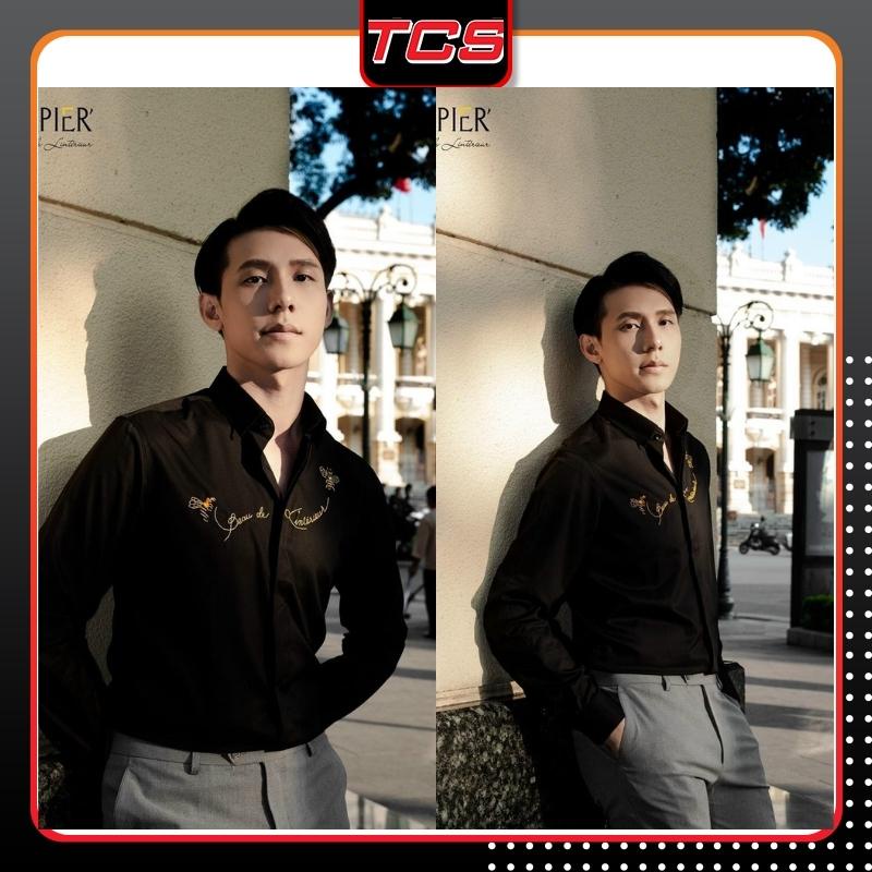 Áo sơ mi nam dài tay có cổ sơmi đôi đẹp màu đen thêu chữ hàn quốc giá rẻ chiếc lá đỏ TCS