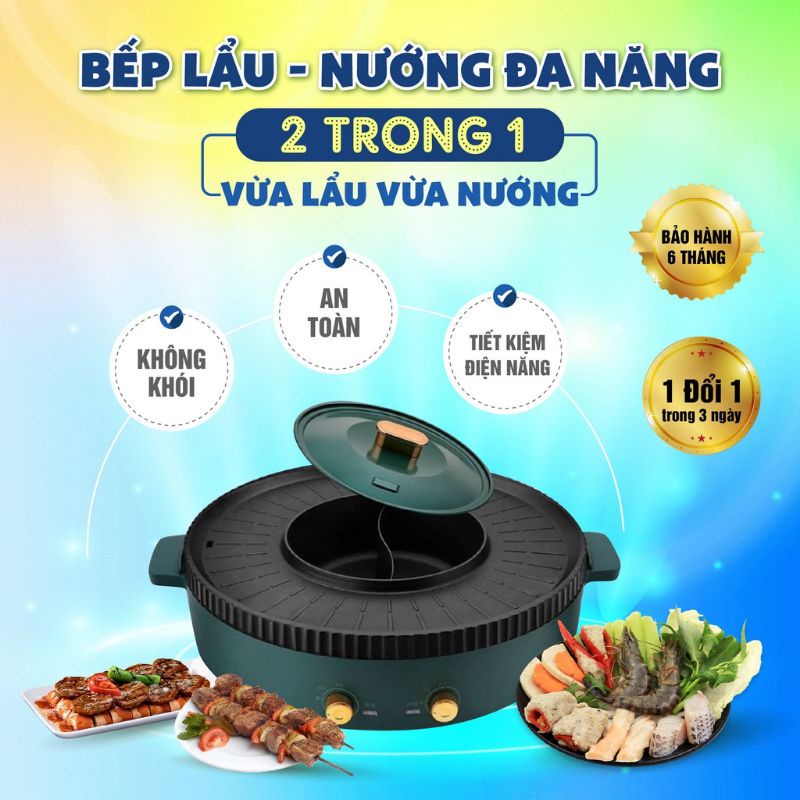 [Mã ELHADEV giảm 4% đơn 300K] Bếp Lẩu Nướng 2 In 1 Đa Năng 2 Ngăn, Nôì Nấu Lẩu Điện 2 Trong 1 Không Khói Cap Cấp