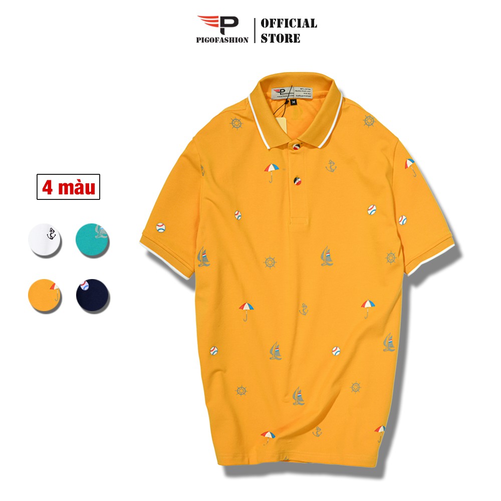 Áo thun nam cổ bẻ họa tiết con thuyền phối bo Pigofashion AHT27 màu vàng, chọn nhiều màu. | BigBuy360 - bigbuy360.vn