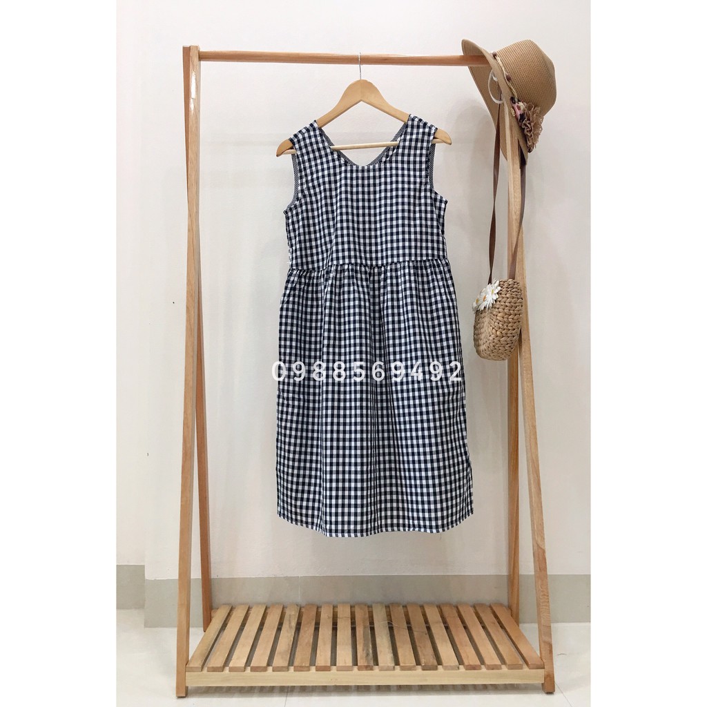 Đầm bầu công sở Váy bầu đẹp Kẻ Caro Đen Sát Nách Nơ Sau MYC 1240