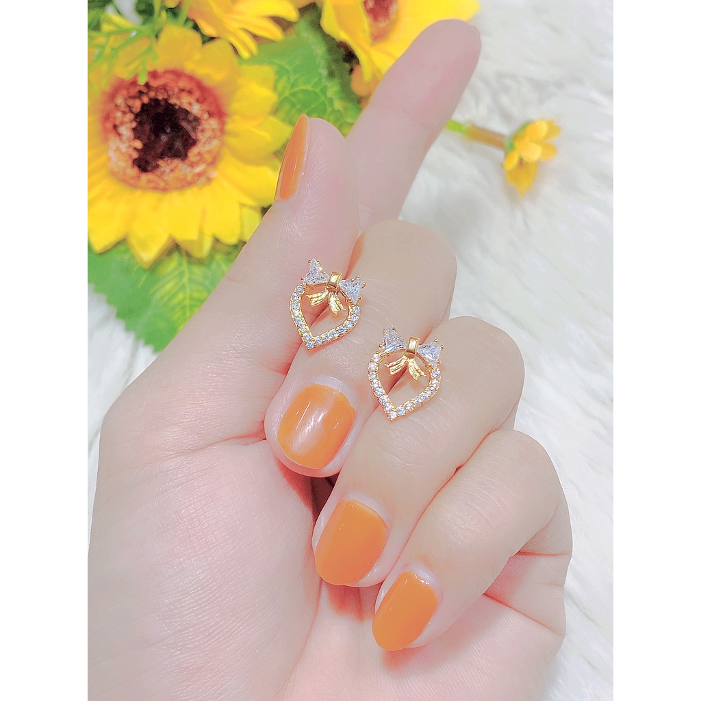Bông tai nữ UHA mạ vàng 18K , bông tai nơ trái tim đính kim cương nhân tạo B120930-65