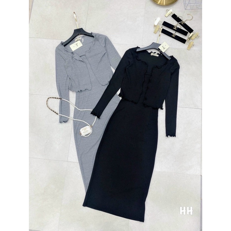 Set đầm 2 dây maxi kèm áo khoác dài tay, chất thun tăm dày dặn