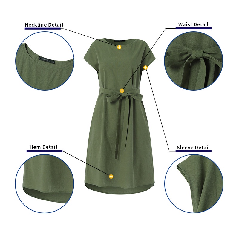 Zanzea Đầm Midi Tay Ngắn Dáng Rộng Màu Trơn Có Túi Tháo Rời Được Phong Cách Châu Âu Thời Trang