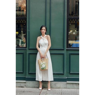 Đầm hoa cúc phối cổ chéo dáng xòe