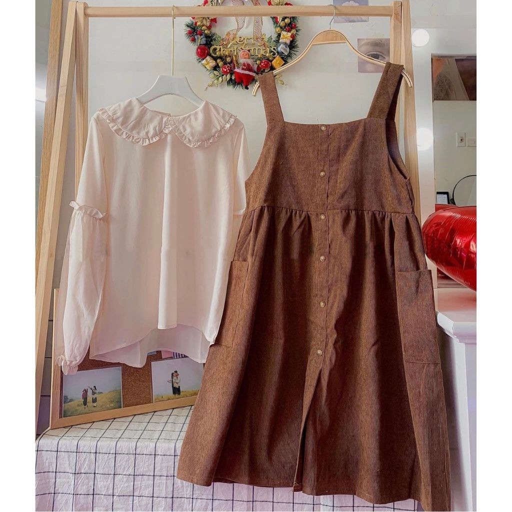 Set yếm nhung kèm áo sơ mi cách điệu cực xinh cho nữ, kiểu dáng ulzzang xinh xắn