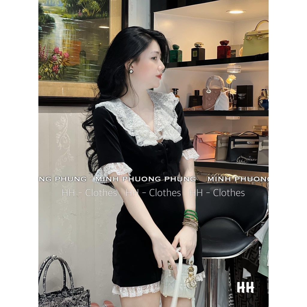 Set áo nhung tiểu thư bèo ren mix chân váy a đuôi cá cực chất