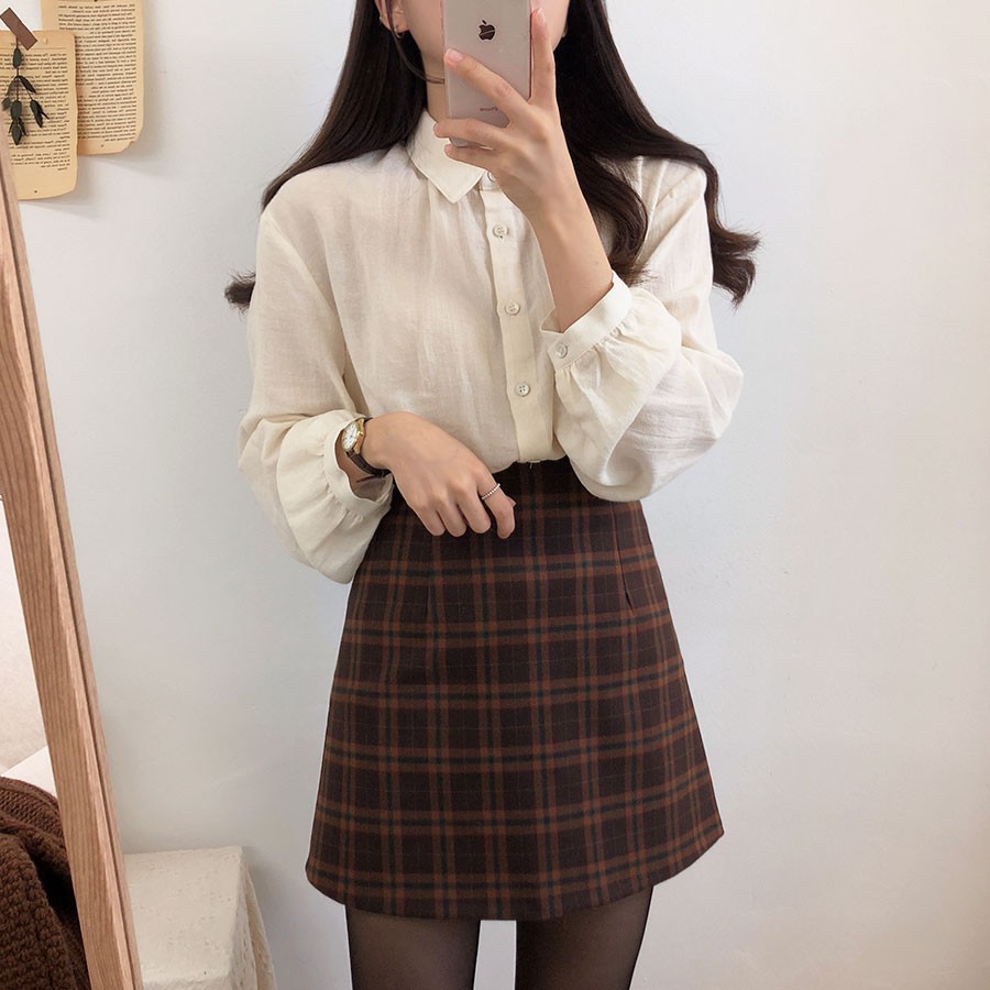 Đầm Sơ Mi Tay Dài Màu Sắc Đơn Giản Phong Cách Hàn Quốc 40780