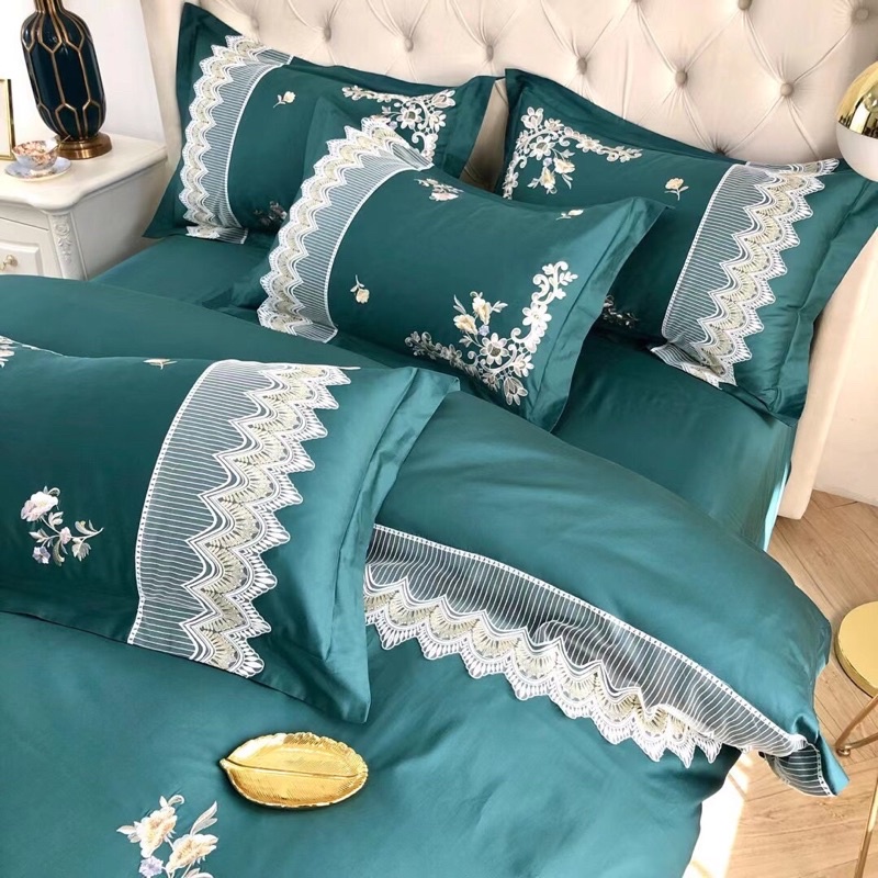 Bộ 4 món vỏ chăn ga gối Lụa Satin cao cấp xanh phối ren