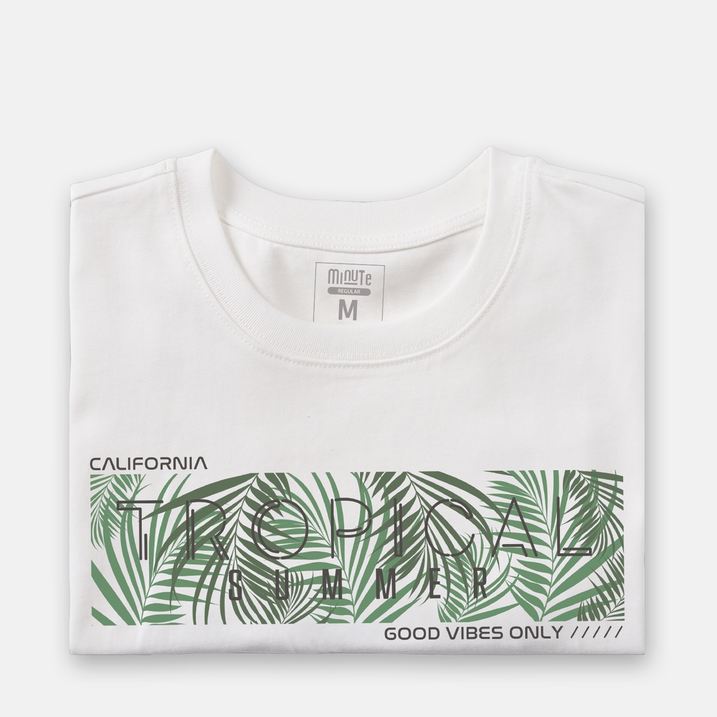 Áo thun nam cổ tròn tay ngắn 100% Cotton co giãn 4 chiều màu trắng MINUTE TROPICAL
