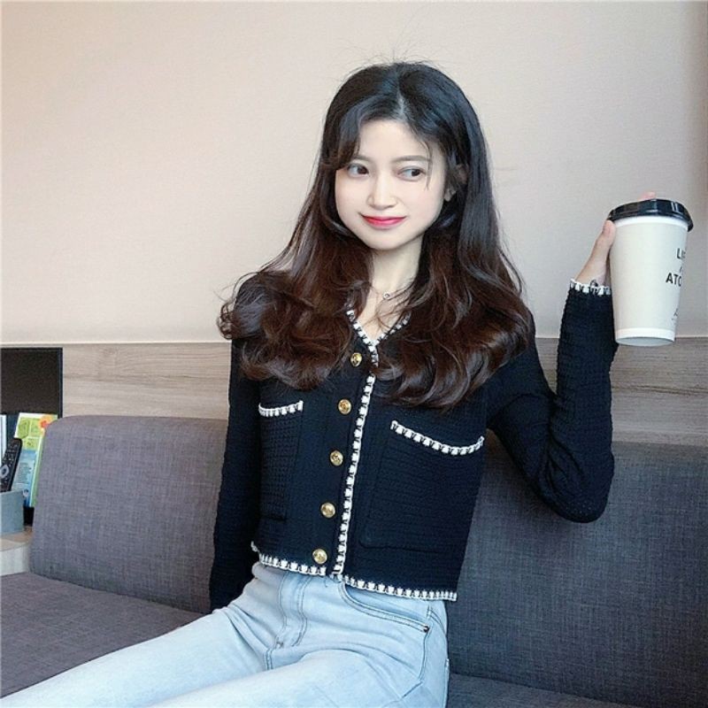 Áo khoác cardigan thun len cổ tim phong cách hàn quốc 2021