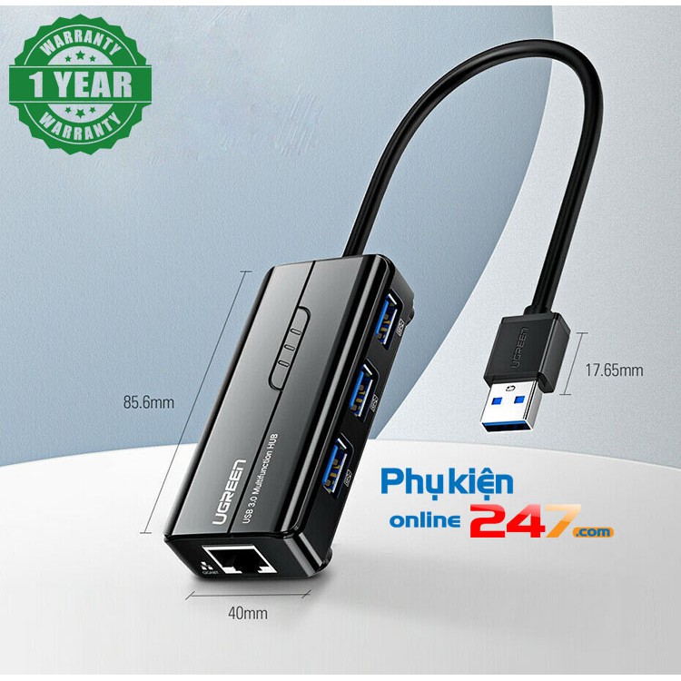 Cáp chia USB 3.0 3 Port kèm cổng Ethernet LAN cho Macbook Air, Macbook Pro