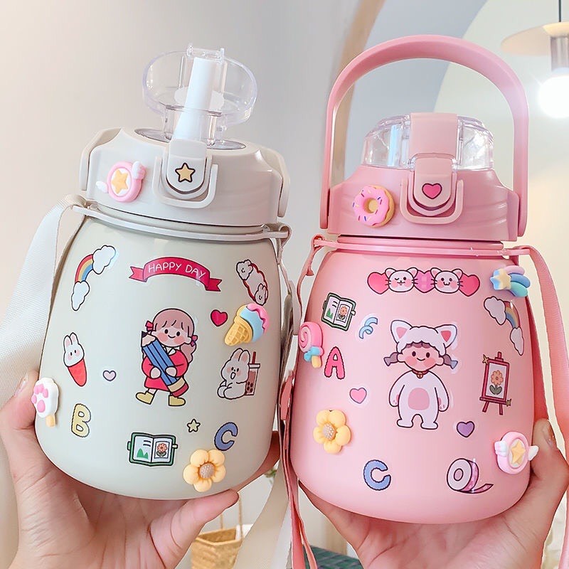 Bình giữ nhiệt 850 ml , bình giữ nhiệt cute có ống hút, inox 304 cao cấp không rỉ tặng kèm sticker