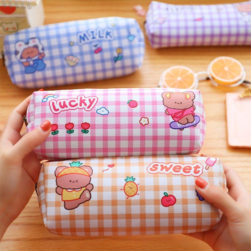 Túi Đựng Bút Chì Kẻ Sọc Caro Sức Chứa Lớn Phong Cách Hàn Quốc