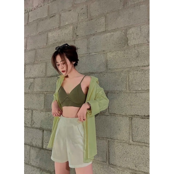 Set sơ mi xanh thun crop 2 dây short trắng