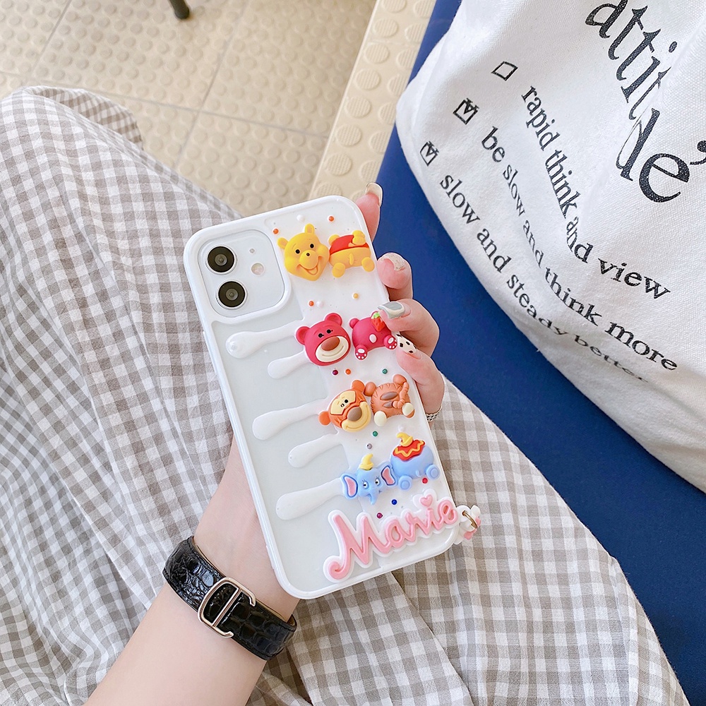 Ốp điện thoại TPU dẻo gắn mặt hình gấu Pooh 3D thích hợp cho iPhone 13 11 12 Pro Max Xs Max Xr 7 8 Plus