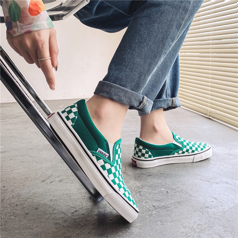 Giày Lười Vải Canvas Họa Tiết Ca Rô Đen Trắng Thời Trang Hàn Quốc Cho Nam Và Nữ FT6281