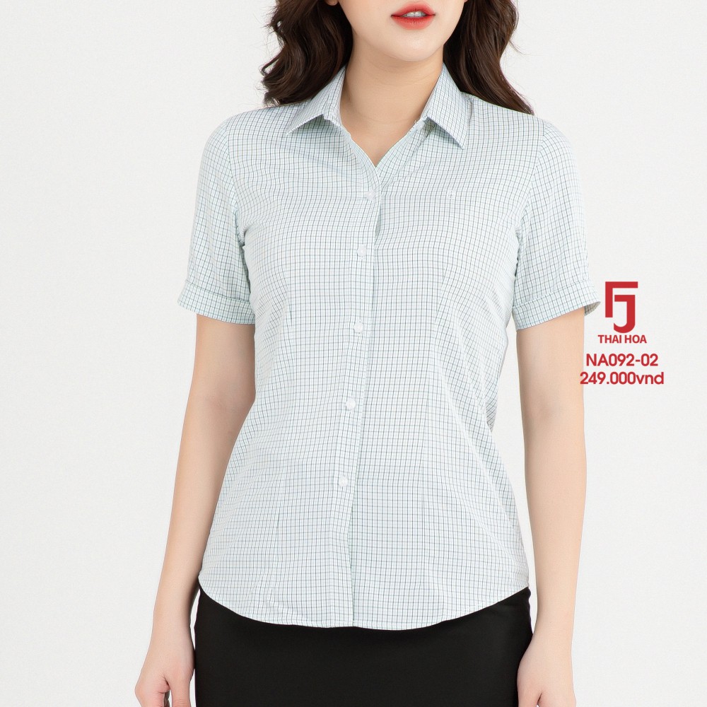 Áo sơ mi nữ ngắn tay Thái Hòa, màu Xanh, công sở kẻ Caro, vải Cotton đanh, mịn NA092-02-01