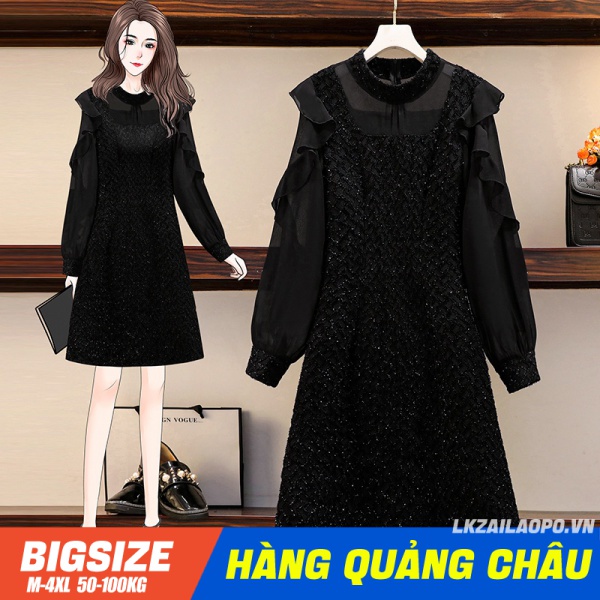 BIGSIZE nữ 45-100kg Váy Đầm Dài Phối Ren Kiểu Hàn Quốc Thiết Kế Thanh Lịch Cho Nữ - quảng châu cao cấp