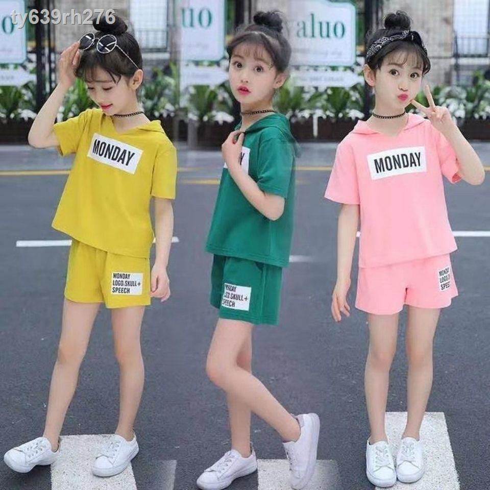 áo phông cho béváy trẻ em¤☾Bộ đồ mùa hè mới ngắn tay có mũ trùm đầu bằng vải cotton nguyên chất 5-12 tuổi dàn