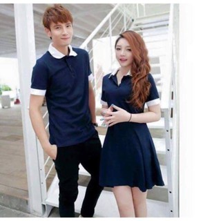 Đồ đôi nam nữ váy thun xanh cổ bẻ trắng kết hợp thun nam xanh cổ bẻ trắng