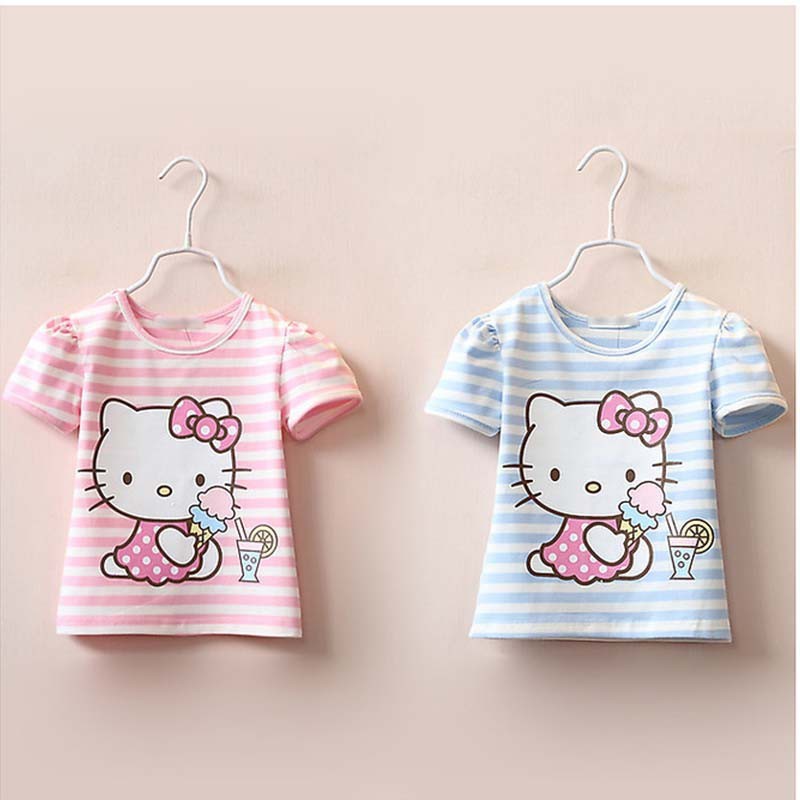 Áo thun tay ngắn in kẻ sọc ngang in hình mèo Kitty ngộ nghĩnh cho bé gái