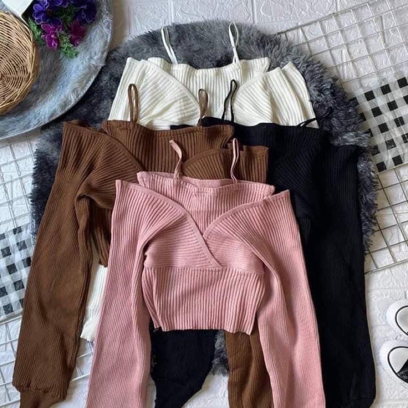 Áo len nữ trễ vai ❤️áo croptop 2 dây ❤️chất len dệt kim về đủ 4 màu | BigBuy360 - bigbuy360.vn