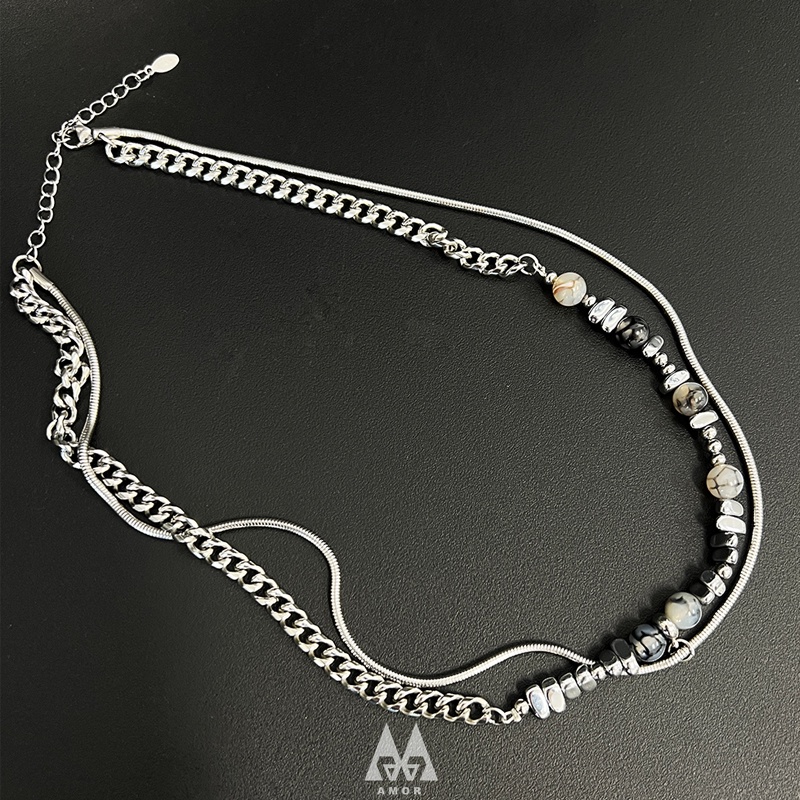 Vòng cổ Thép Không Gỉ Mặt Đá Cuba Không Đối Xứng Ghép Nối Xương Rắn Dành Cho Cặp Đôi