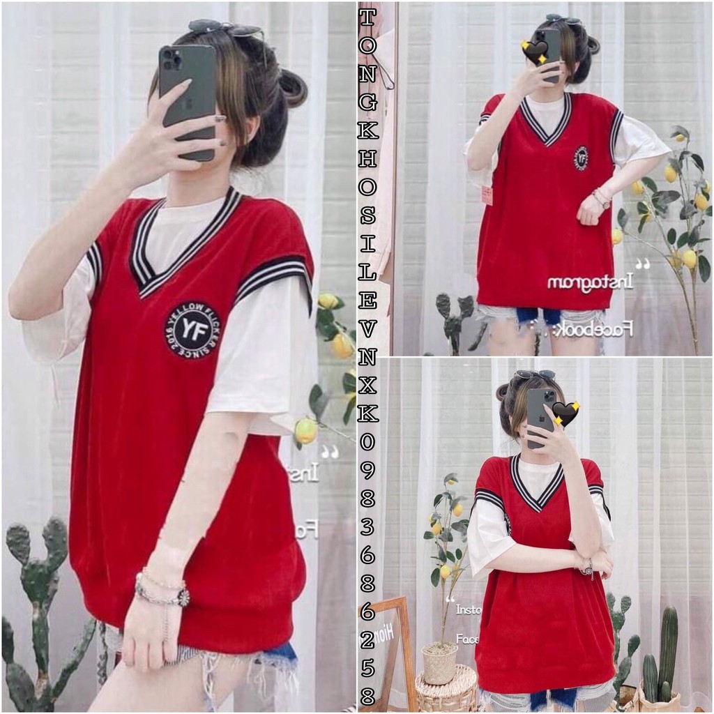 Áo Gile Nữ Kèm Áo Thun Trắng - Set Áo Gile Đỏ Logo Trước Ngực Viền Sọc Cổ V Yellow F Ulzzang Tặng Kèm Áo Trắng Bên Trong