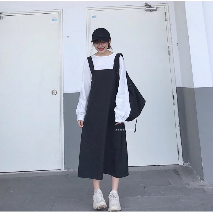 Yếm Váy Nữ JEMCLOSET Dáng Suông Váy Yếm Dài Hàn Quốc From Rộng Thoải Mái Màu Đen Dễ Phối Đồ Menlo 7125