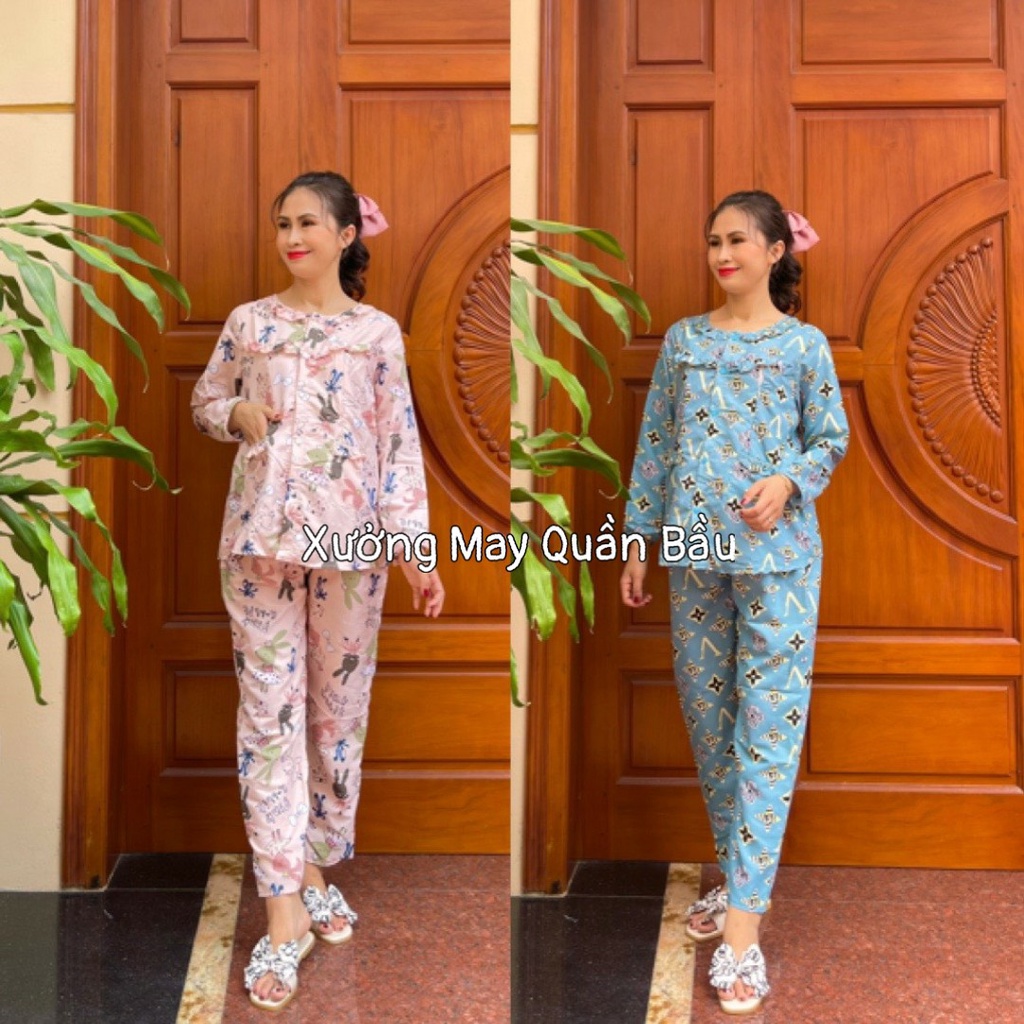 Bộ đồ bầu và sau sinh dài tay CHẤT KATE mềm mát áo có khóa cho con bú tiện lợi XẢ KHO