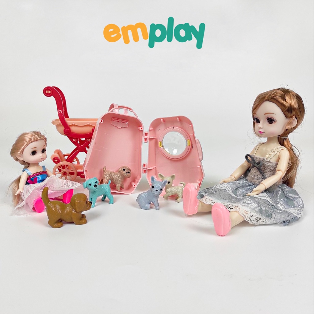 Búp bê công chúa bé gái kèm phụ kiện vali du lịch xe đẩy thú cưng cao cấp Emplay
