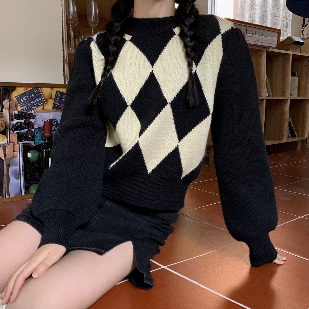 Áo sweater tay dài phồng dáng ôm sọc ca rô thời trang retro phương tây cá tính cho nữ | BigBuy360 - bigbuy360.vn