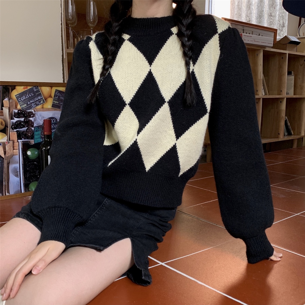 Áo sweater tay dài phồng dáng ôm sọc ca rô thời trang retro phương tây cá tính cho nữ