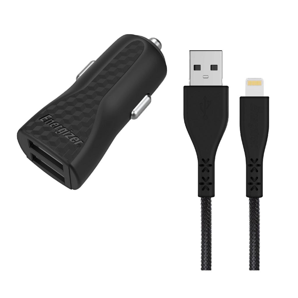 Sạc xe hơi Energizer 3.4A 2 Cổng USB màu đen, kèm cáp lightning - DC2CLLIM