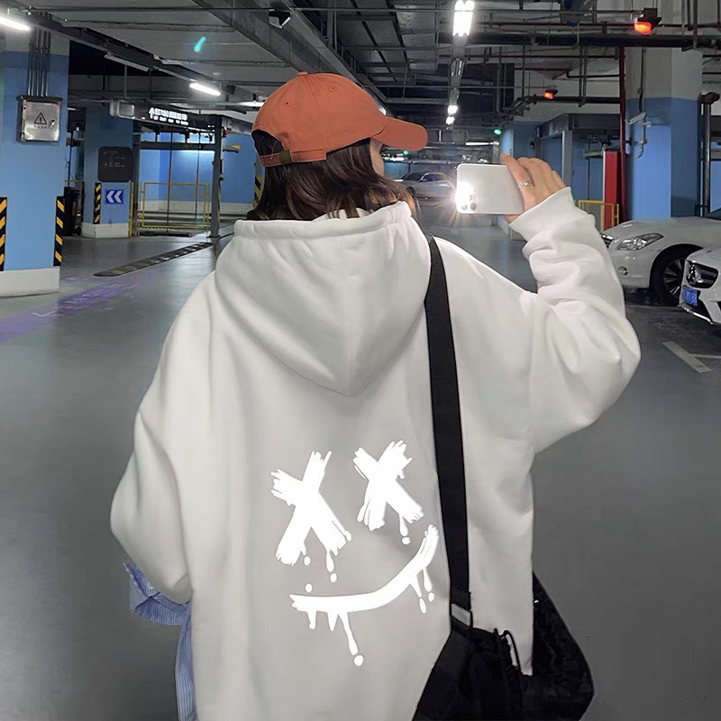Áo Hoodie Mặt Cười Phản Quang Trắng Form Unisex Nam Nữ