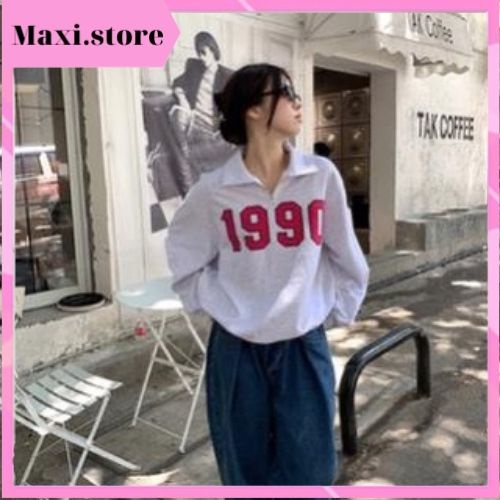 Áo sweater polo dài tay unisex dưới 80kg chất thun Maxi.Store - Áo polo dài tay phối khóa cổ 1990