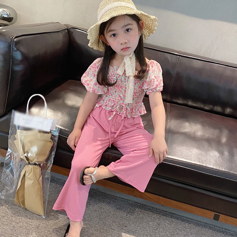 Bộ Áo Tay Phồng Phối Quần Dài Ống Rộng Cho Bé Gái (Có Bán Lẻ)