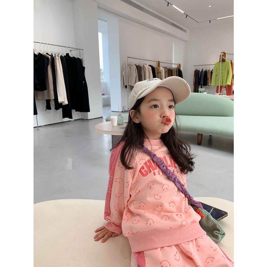 Bộ Đồ Thể Thao Hai Mảnh Áo Tay Dài In Chữ Mặt Cười Phong Cách Nhật Bản Mới 2022 Phong Cách Phương Tây Cho Bé Gái