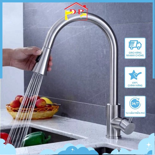 Vòi rửa bát nóng lạnh inox 304 cao cấp GIORMANI VRB25 dây rút tại vòi tiện dụng - tặng dây cấp inox
