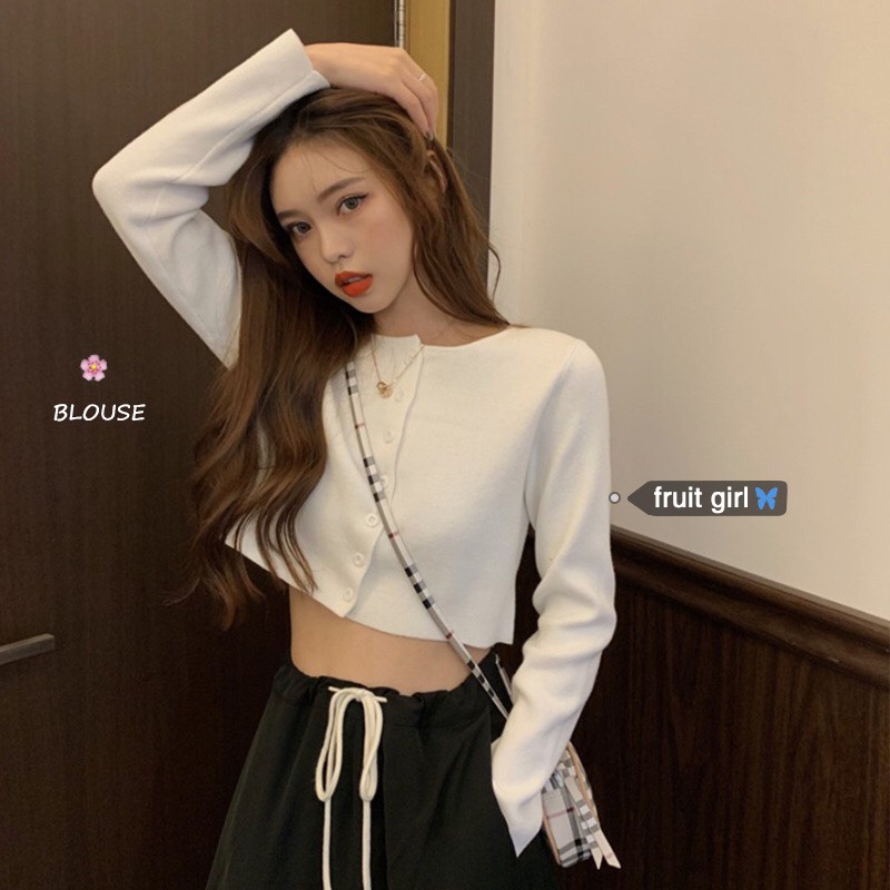 Áo croptop nữ CHIANG tay dài YAN Ulzzang phối khuy cotton CR02 | BigBuy360 - bigbuy360.vn