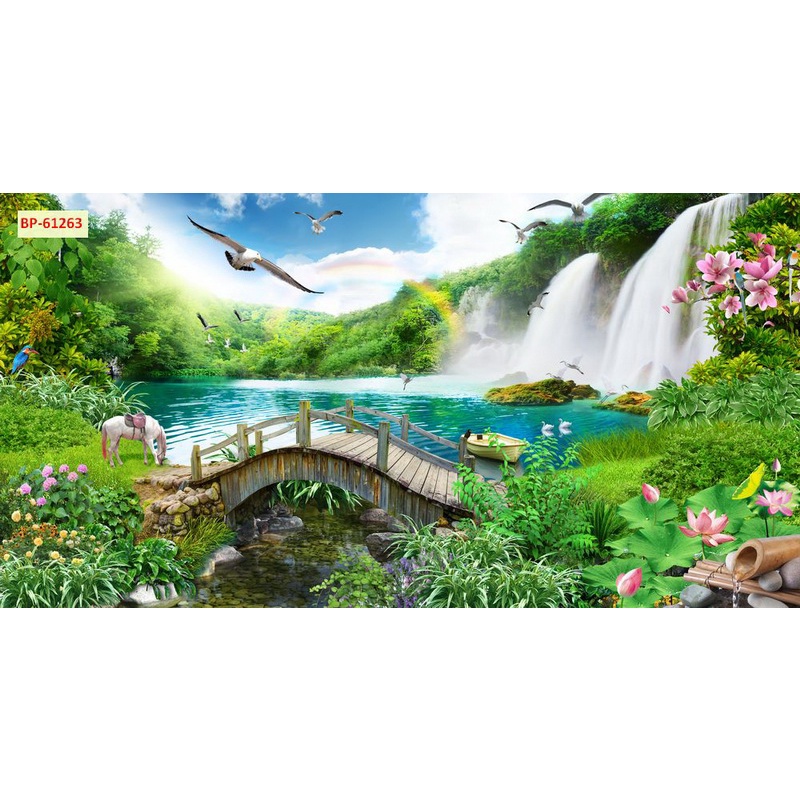 Tranh dán tường 3D cảnh rừng cây hùng vỹ không phai màu, xé không rách