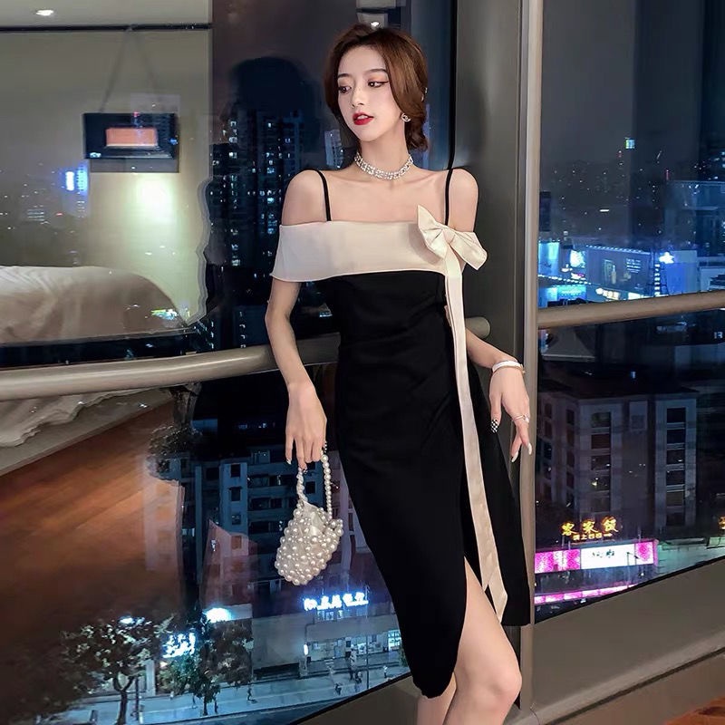 Pure lust little sexy goddess dress 2022 summer new one-word halter irregular skinny black dress