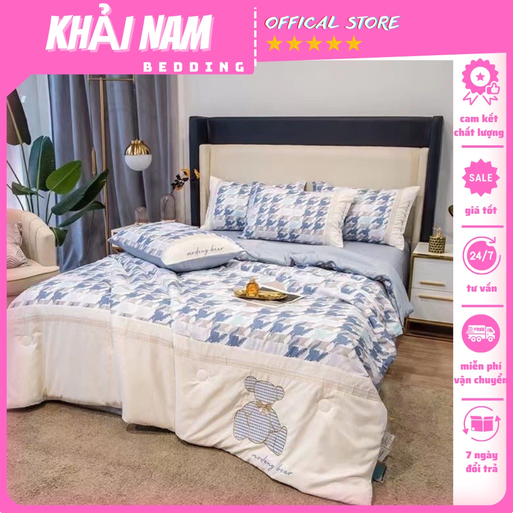 Bộ ga gối chăn hè phi lụa thêu gấu mềm mịn mẫu mới 2022 ,Chăn ga gối phi lụa 4 món vân cánh én chất liệu thoáng mát