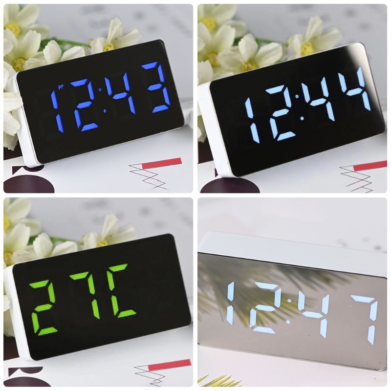 Đồng Hồ Báo Thức Kỹ Thuật Số Mini Màn Hình LED Mặt Gương Hiển Thị Nhiệt Độ Trong Ngày Giờ Cho Xe Hơi